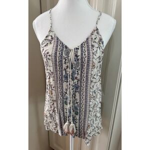 LUQ Women's Floral Print‎ Tank Top Adjustable Spaghetti Strap Tassel Size Large